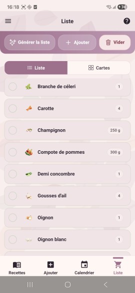 Liste de courses compacte dans KitchenPlan